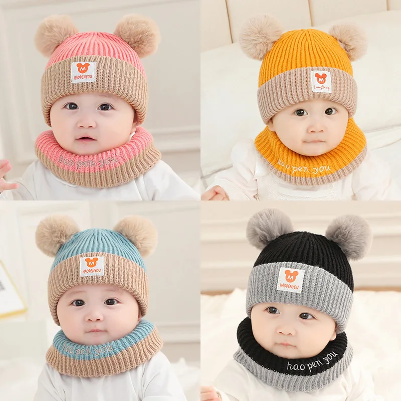 1Set Baby Hut Schal Set Bär Warme Gestrickte Kinder Winter Hut Kappe Motorhaube Infant Kleinkind Kinder Hut Jungen Mädchen häkeln Beanie Image