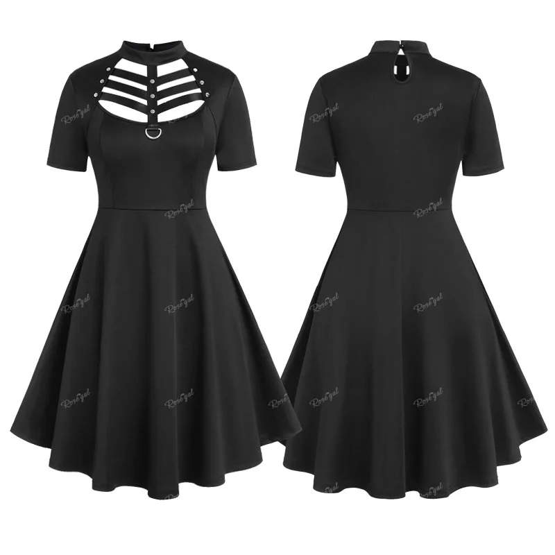 ROSEGAL Plus Größe Kleider Gothic D-ring PU Leder Panel Leiter Ausschnitt Mini Kleid Sommer Kurzen Ärmeln Einfarbig Vestidos 5XL