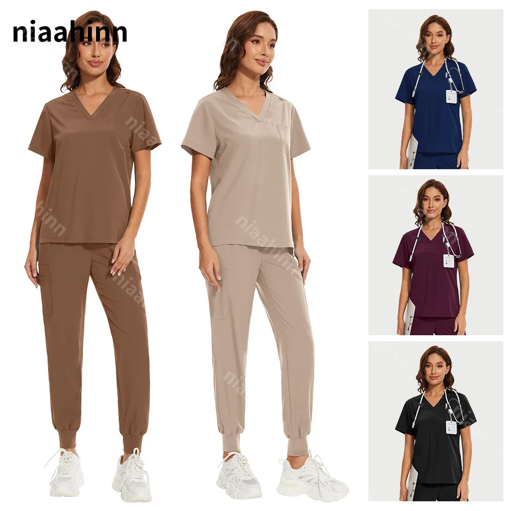 Niaahinn Medizinische Krankenschwester Scrubs Tops + Hose Schönheitssalon Spa Arbeitskleidung Klinischer Arzt Pflegeanzug Chirurgische Uniformen Frauen Scrub Set Image