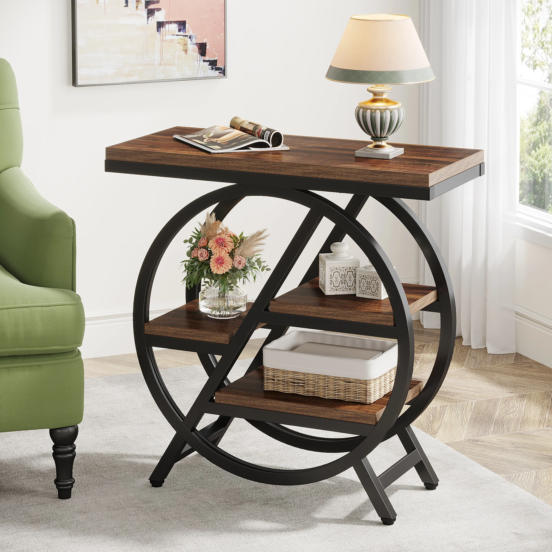 Tribe signs Beistell tisch für Wohnzimmer, 3-stufiger schmaler Beistell tisch mit Stauraum, Holzsofa Beistell tisch mit geometrischem Metallrahmen
