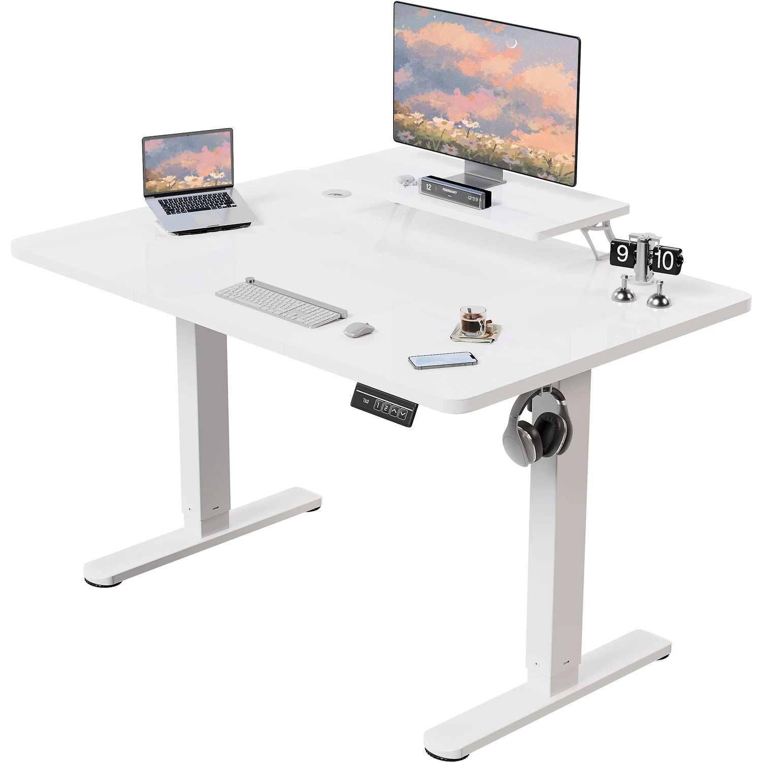 Devoko Höhenverstellbarer Schreibtisch Elektrisch 140×60cm mit Monitorständer,Ergonomisches Sitz-Stehpult (Weiß)