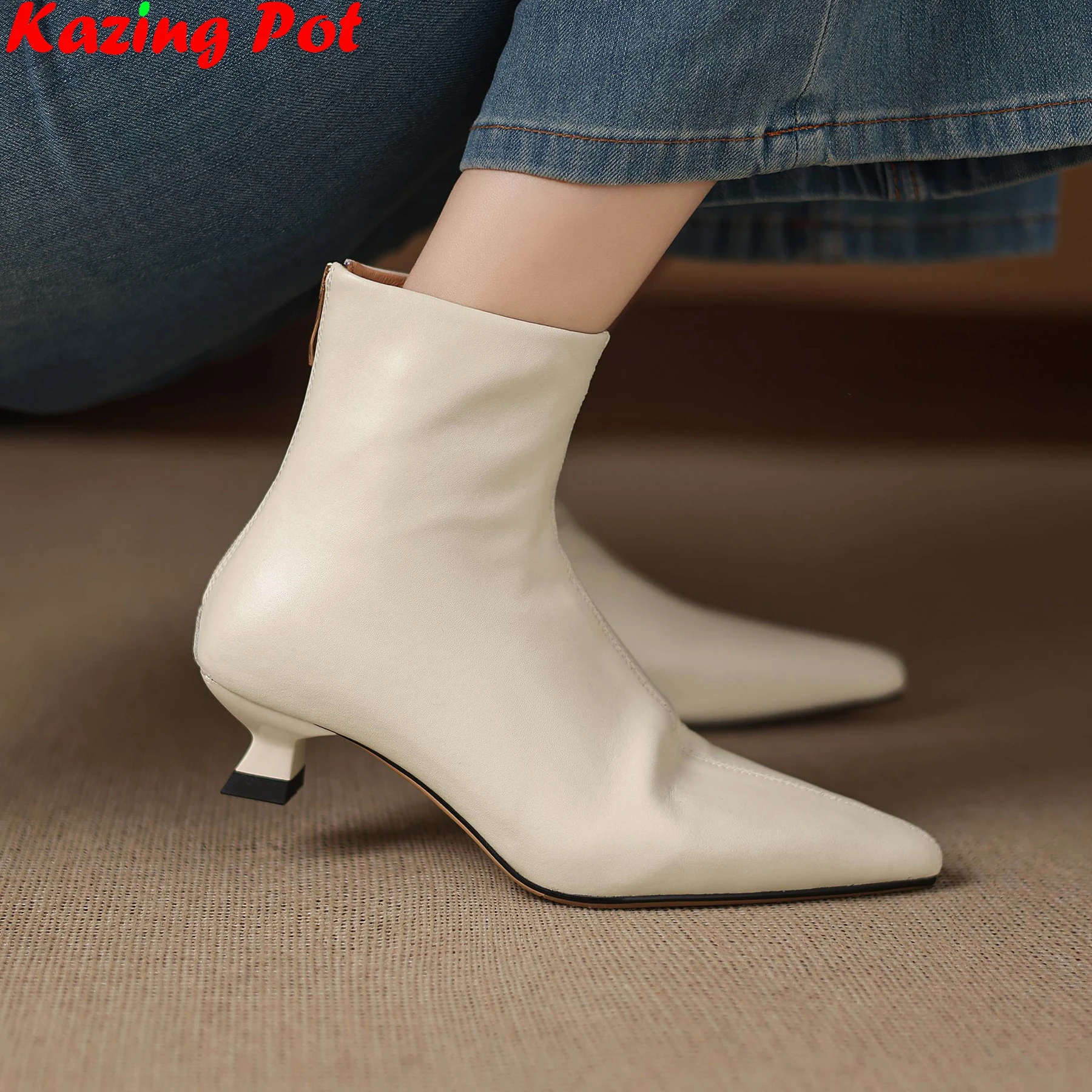 Plus Größe 34-42 Echtes Leder Spitzschuh Med Heels Reißverschluss Moderne Stiefel Winter Herbst Schuhe Prägnante elegante Kleid Stiefeletten