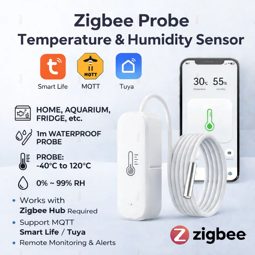 Zigbee Smart Thermometer Hygrometer mit Sonde zur Erkennung von Pool-, Kühlschrank- und Gefrierschrankflüssigkeiten, Temperatursensor für 2MQTT TUYA Smart Life Image
