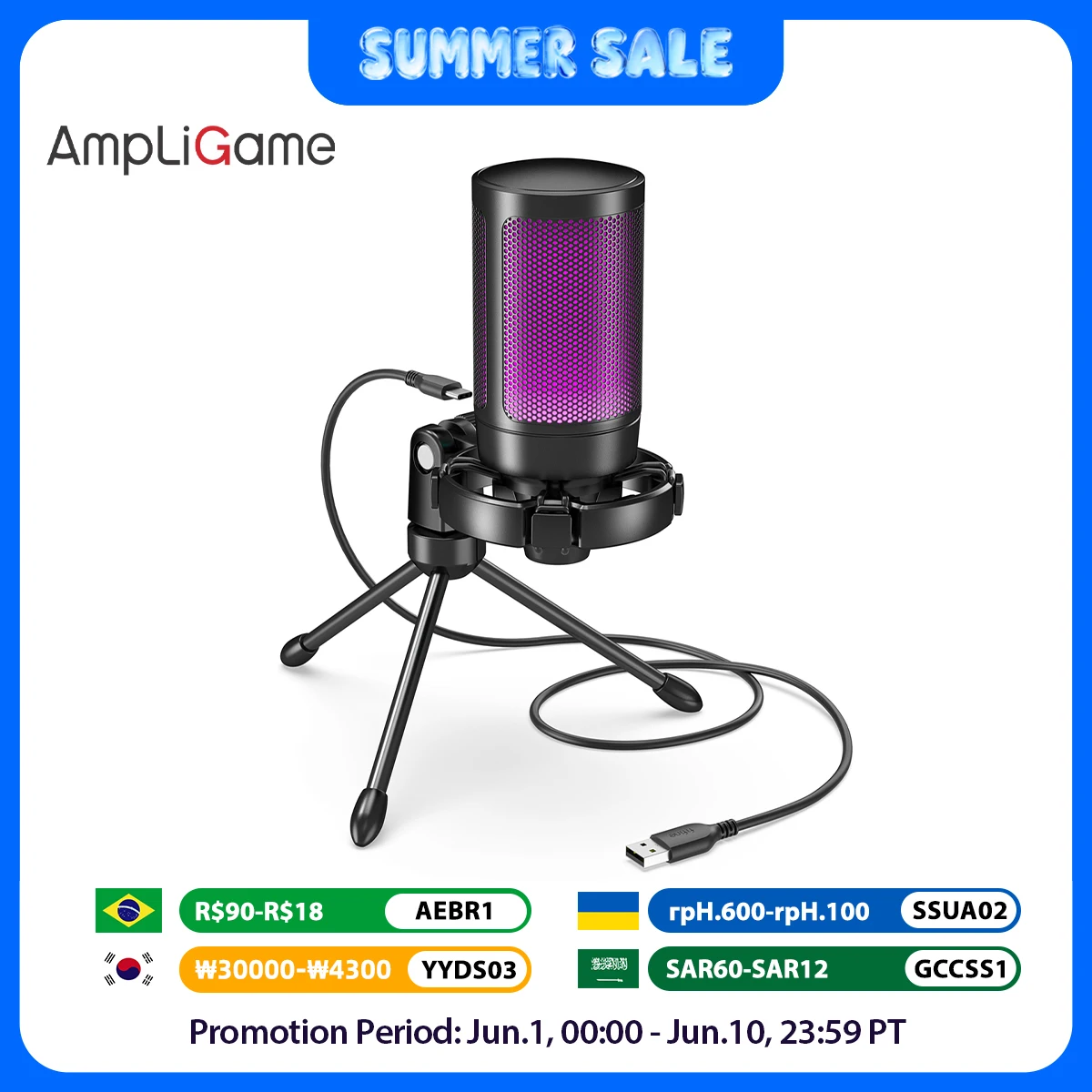 AmpliGame by FIFINE RGB-USB-Gaming-Mikrofon mit Licht-Touch-Stummschaltung, Kondensatormikrofon mit Stativ für PC, PS4/5, Laptop-Streaming-A2 Image