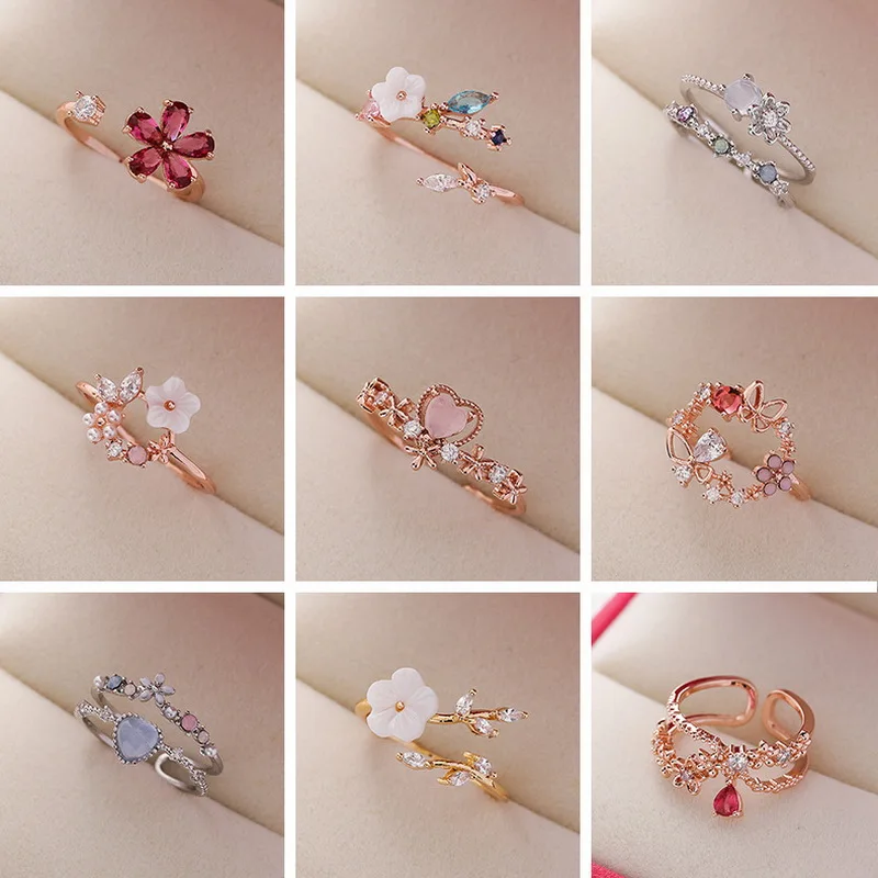 2022 neue Mode Kristall Zirkon Ringe Süße Blume Blatt Schmetterling Einstellbare Offene Ringe Weibliche Hochzeit Engagement Schmuck Geschenk