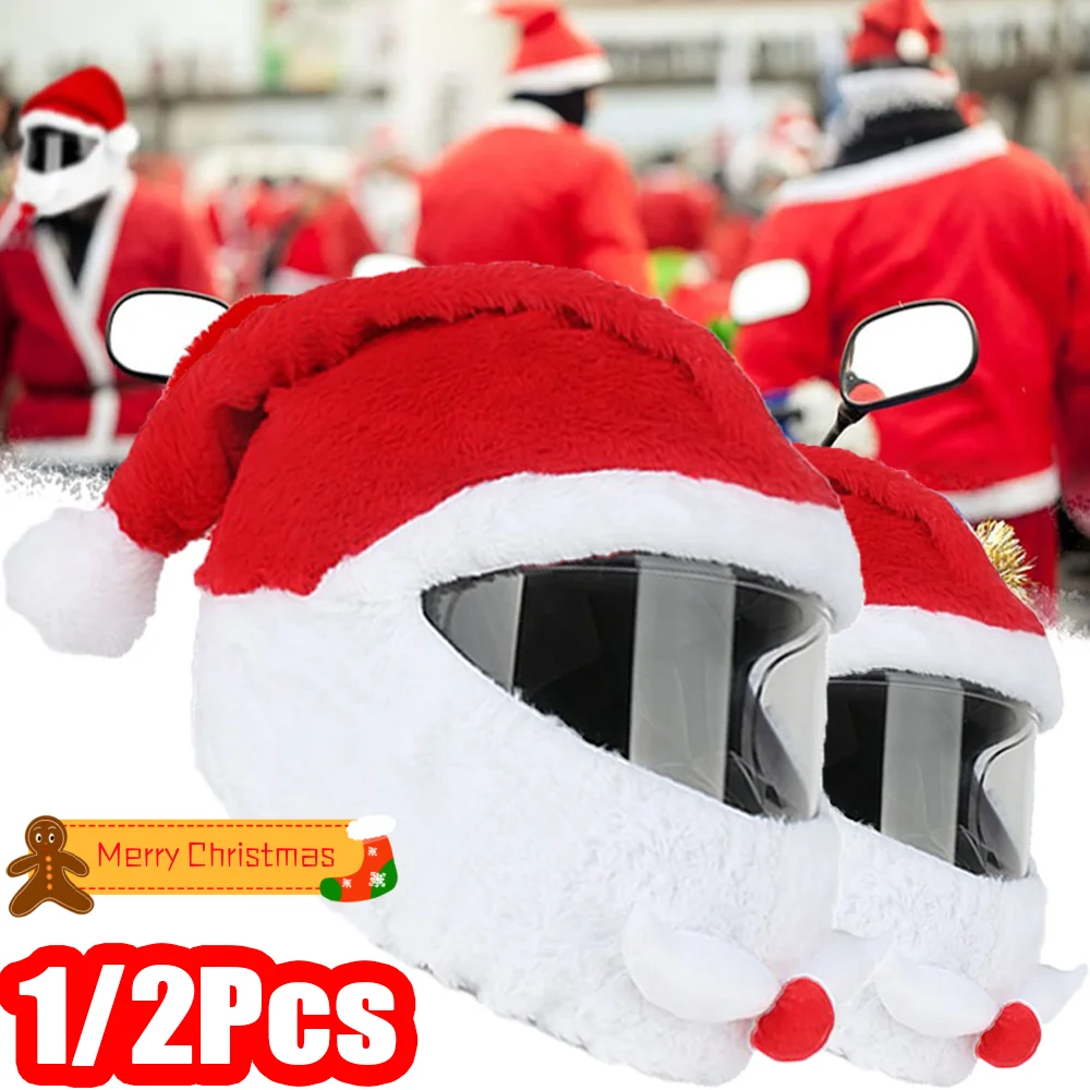 1/2Pcs Weihnachten Motorrad Helm Hüte Weihnachten Themed Hochwertige Lustige Plüsch Dekor Hut Winter Reiten Warme Helm abdeckung Image