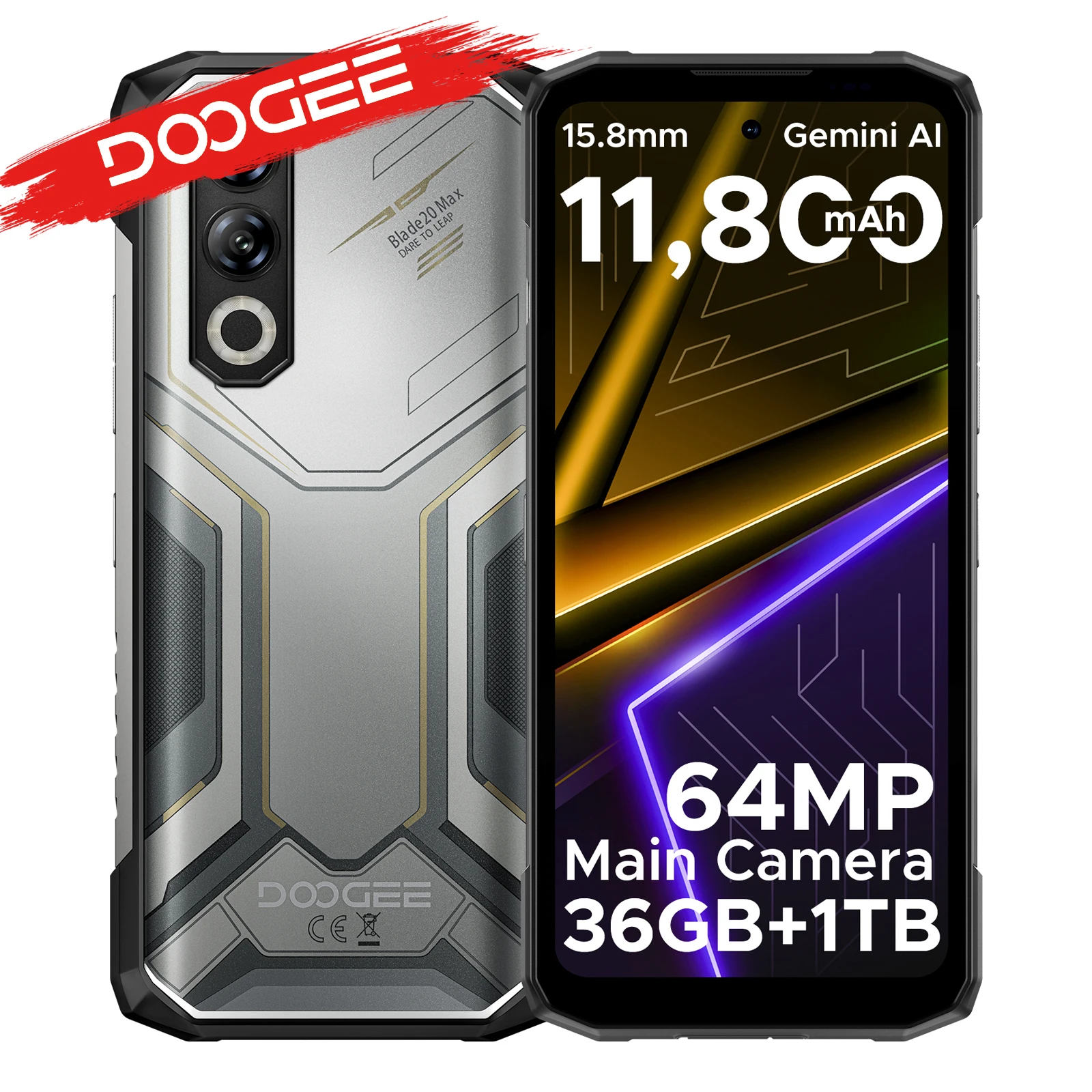 Robustes DOOGEE Blade20 Max Smartphone mit 120Hz, 36 GB RAM (12+24), 1 TB ROM, Gemini AI Akku 11800 mAh, Android 15 Image