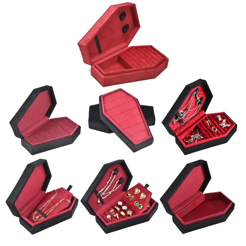 TAIMY Retro Samt Sarg Form Schmuckschatulle Gothic Vampir Rot Schmuckschatulle Tragbare Ring Halskette Aufbewahrungsbox Schnelle Lieferung