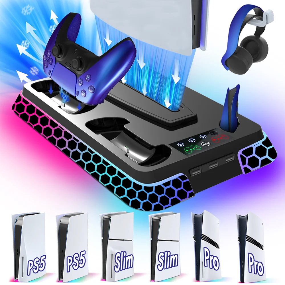 Kühlstation für PS5/ PS5 Slim/ PS5 Pro, Aounion YH66S PS5/ Slim/ Pro Ständer mit RGB, Organizer & Controller-Ladestation Image