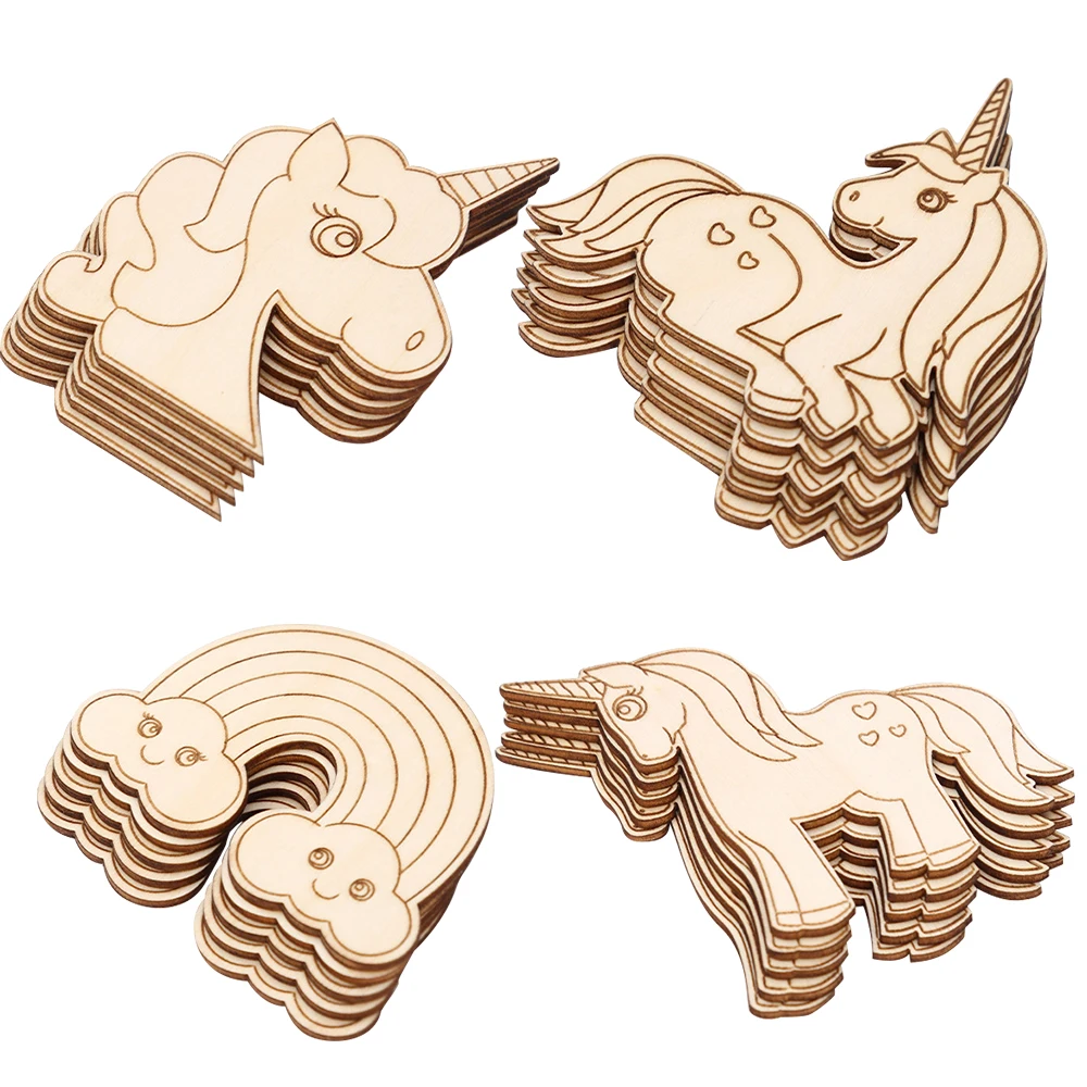 10 stücke Einhorn Holz Handwerk DIY Malerei Holz Scheiben Ornamente Für Einhorn Geburtstag Party Dekoration Kinder DIY Geschenke Liefert Image