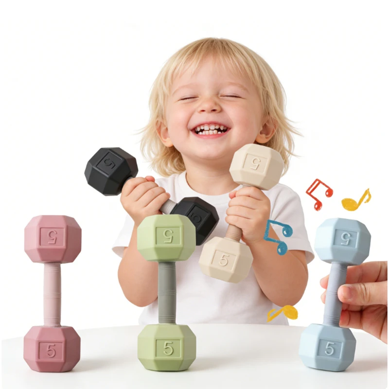 Baby Silikon Zahnen Cartoon Hantel Rassel Spielzeug Babys Sensorische Kognitive Spielzeug Bewegen Die Musik Glocke Baby Krippe Spielzeug Baby Geschenke