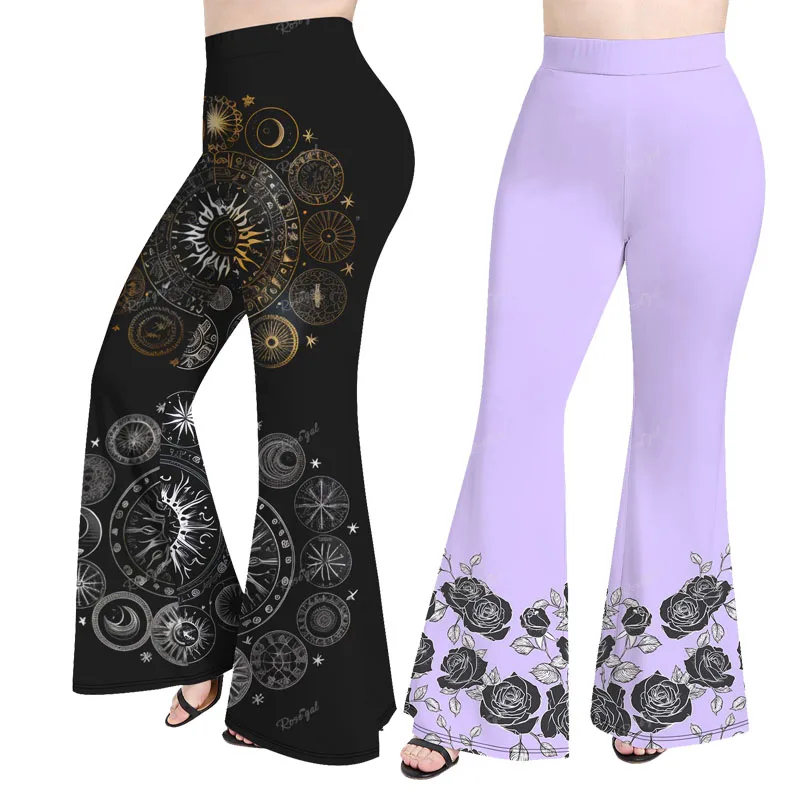 ROSEGAL Plus Size Flare Hosen für Frauen, Gothic, 3D Sun Moon Star Print, Schlag hosen, Blume, Blätter, Grafik hosen