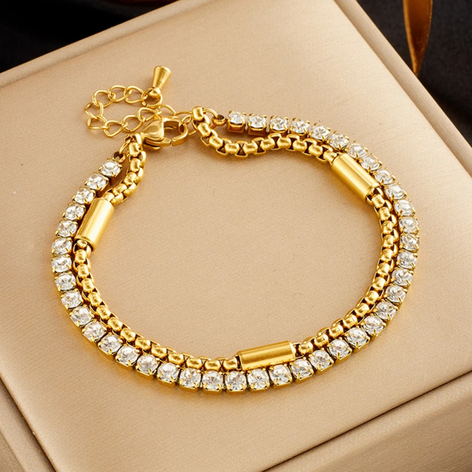 Yupsk 316L Edelstahl Doppel Kette Armband Glänzenden Zirkon Vintage Gold Farbe Charme Armbänder Frauen Partei Schmuck Geschenk
