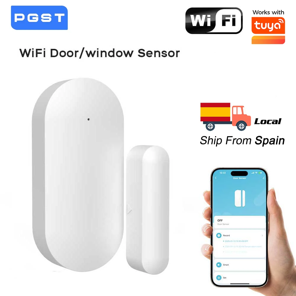 PGST WLAN-Smart-Tür- und Fenstersensor Kompatibel mit TUYA Smart Life Haussicherheits-Alarmsystem Drahtloser Magnetdetektor APP-Steuerung Einbruchschutz-Empfehlung Echtzeit-Benachrichtigung Warnung bei niedrigem Batteriestand Smart Home...