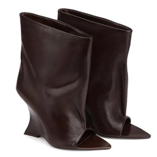 SoleLadies Frühling/Sommer Neue Fish Mouth Slope High Heel Kurze Stiefel mit spitzer Zehenpartie Freiliegende coole Stiefel, mittelhohe Stiefel