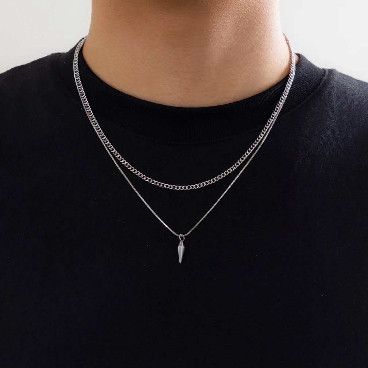 KunJoe 2 Teile/satz Edelstahl Metall Nieten Anhänger Dünne Schlangenkette Halskette für Männer Punk Silber Farbe Cuban Link Kette Halsband