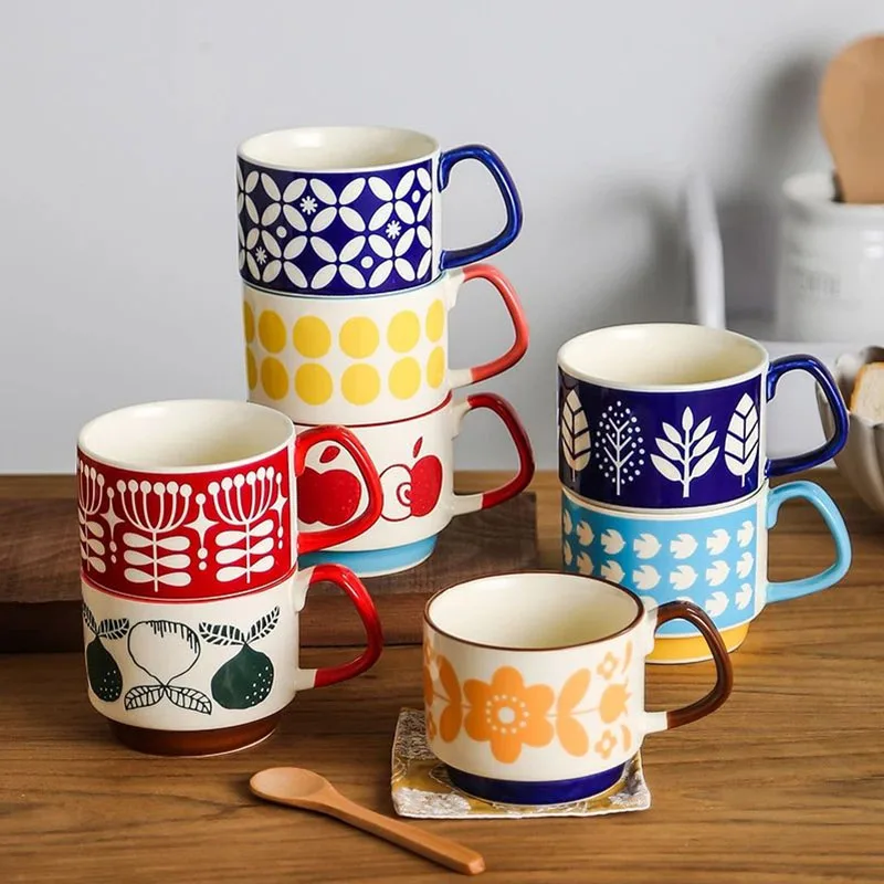 300 ml Japanische Blume Kaffee Becher Set Retro Keramik Milch Hafer Becher Büro Wasser Handgriff Tasse Küche Party Drink Set Image