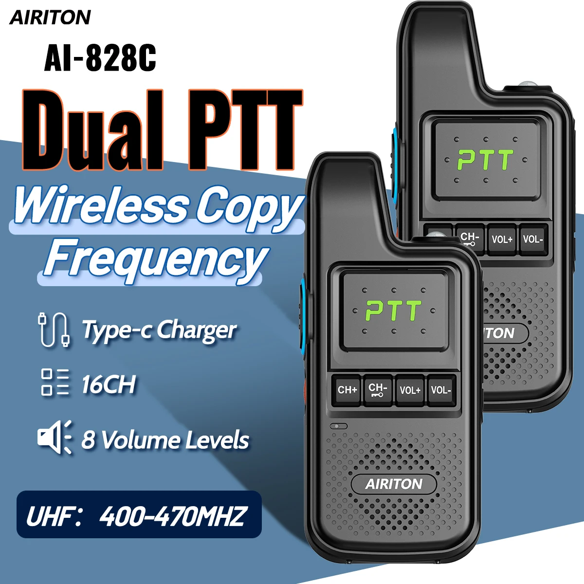 1/2 Stück AI-828C Walkie-Talkie Dual PTT Clear Voice Report Typ-C-Ladegerät 8 Lautstärke einstellbare Stufen Tragbares Radio mit großer Reichweite Image