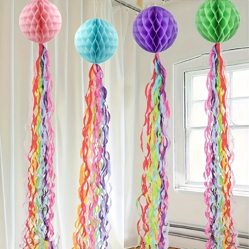 5 Stück Regenbogen-Wirbel-Quastengirlanden – perfekt für Klassenzimmer, Decken- und Partydekorationen, Ballon-Wabenlaternen zum Geburtstag Image