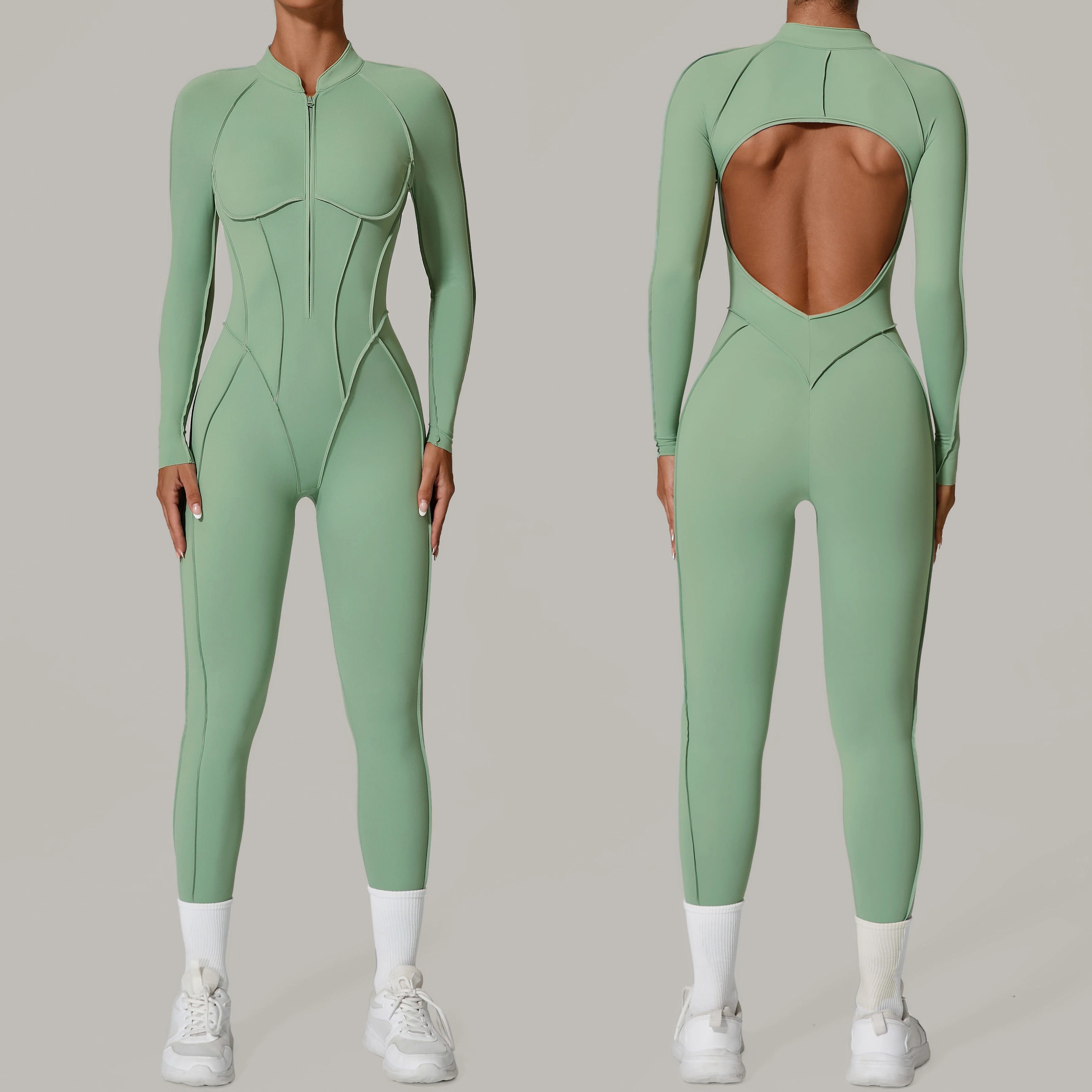 Gepolsterter Damen-Sport-Yoga-Overall mit langen Ärmeln, Trainingskleidung für Damen, Sportbekleidung, rückenfreier Reißverschluss, Fitness-Studio-Outfit Image