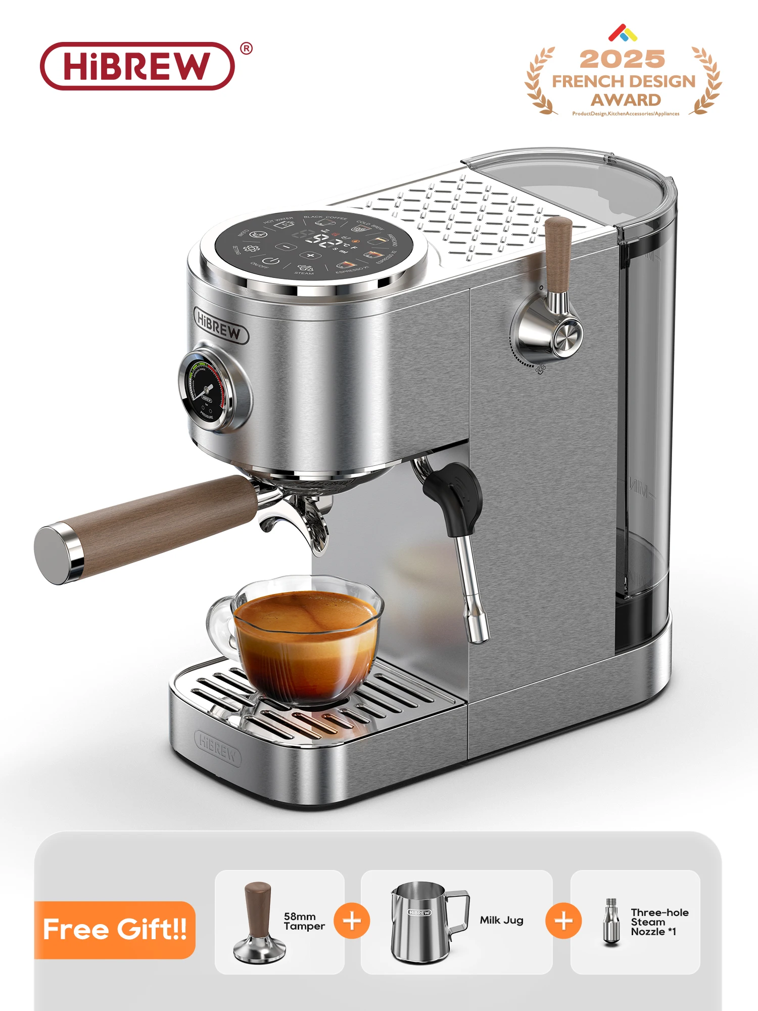 HiBREW Halbautomatische Espressomaschine, 3 Stufen, temperaturverstellbar, kalt/heiß, 20 Bar, Kaffeemaschine, Cappuccino H13 Image