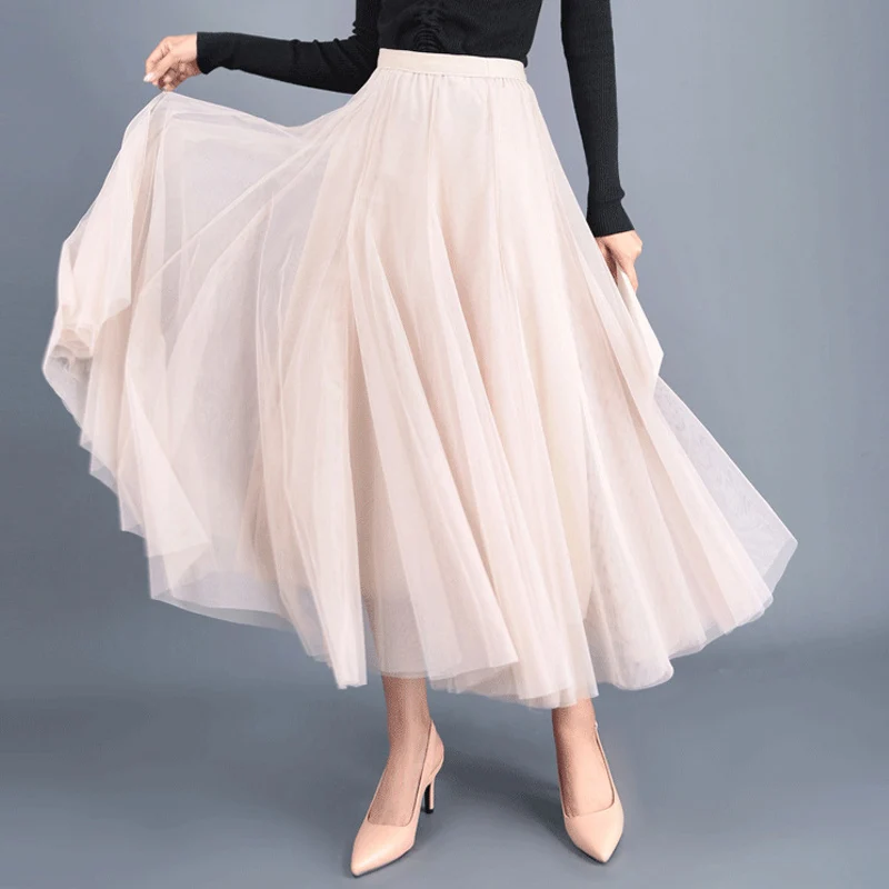 OHRYIYIE Beige Grau Rosa Maxi Langer Rock Herbst Winter Damen 2022 Neue Tüllröcke Party Mesh A-Linie Röcke Damen Vintage Allgleiches Rock Kleidung