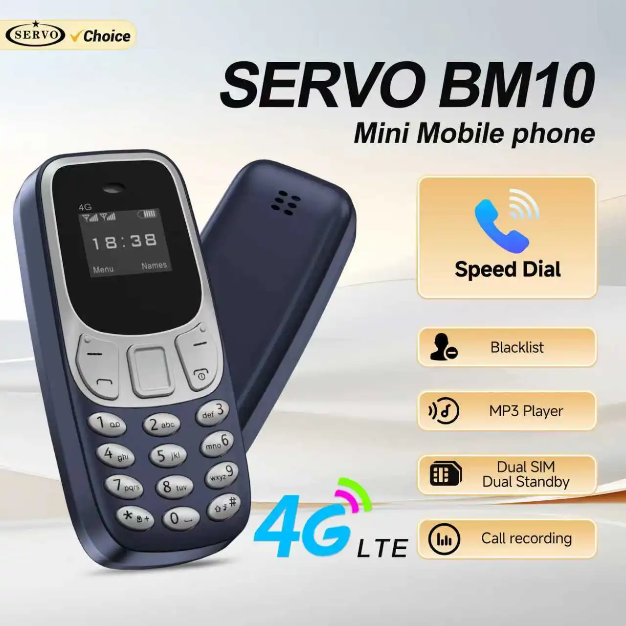 SERVO BM10 Super Mini Mobiltelefon 4G LTE Dual-SIM Standby Kurzwahl Anrufaufzeichnung Sperrliste MP3-Player Kleines Backup-Handy Image
