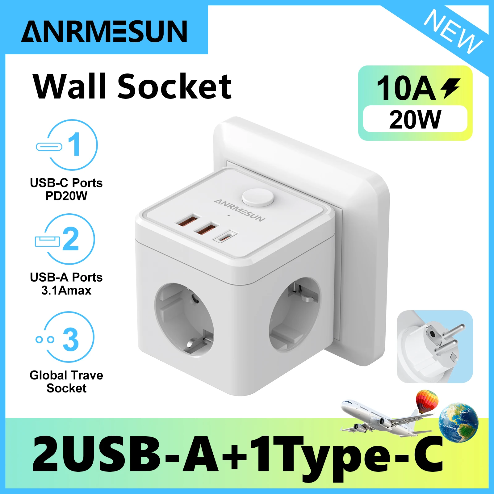 ANRMESUN EU-Stecker-Steckdosenleiste mit 3 AC-Steckdosen + 2 QC3.0 USB+ 2 Typ C PD20W Schnellladeleiste Wandsteckdose Ein/Aus-Schalter Image