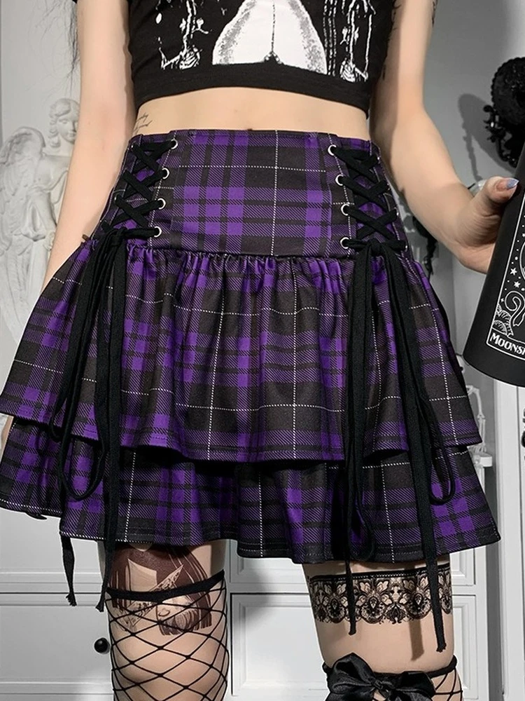 Vintage Y2K Punk Sexy Hohe Taille Mini Röcke Lila Plaid Bandage Harajuku Ästhetischen Rock Goth Grunge Kuchen Rock Streetwear