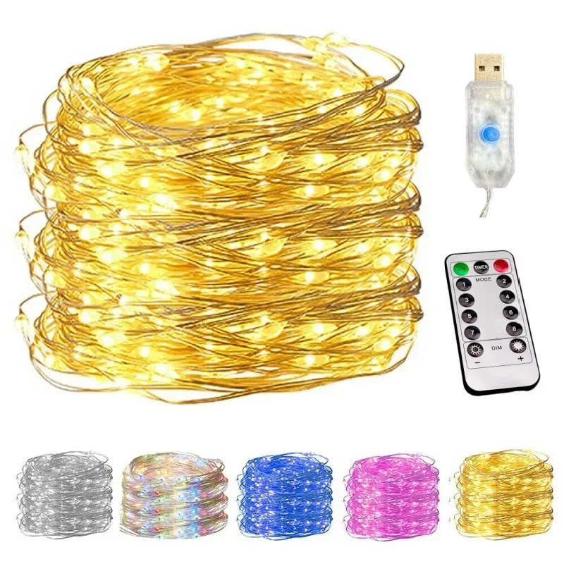 100/200 LED-Lichterkette aus Kupferdraht, USB-Lichterkette mit Fernbedienung, 8 Modi, Lichter, wasserdicht, Weihnachtsdekoration, Neujahr Image