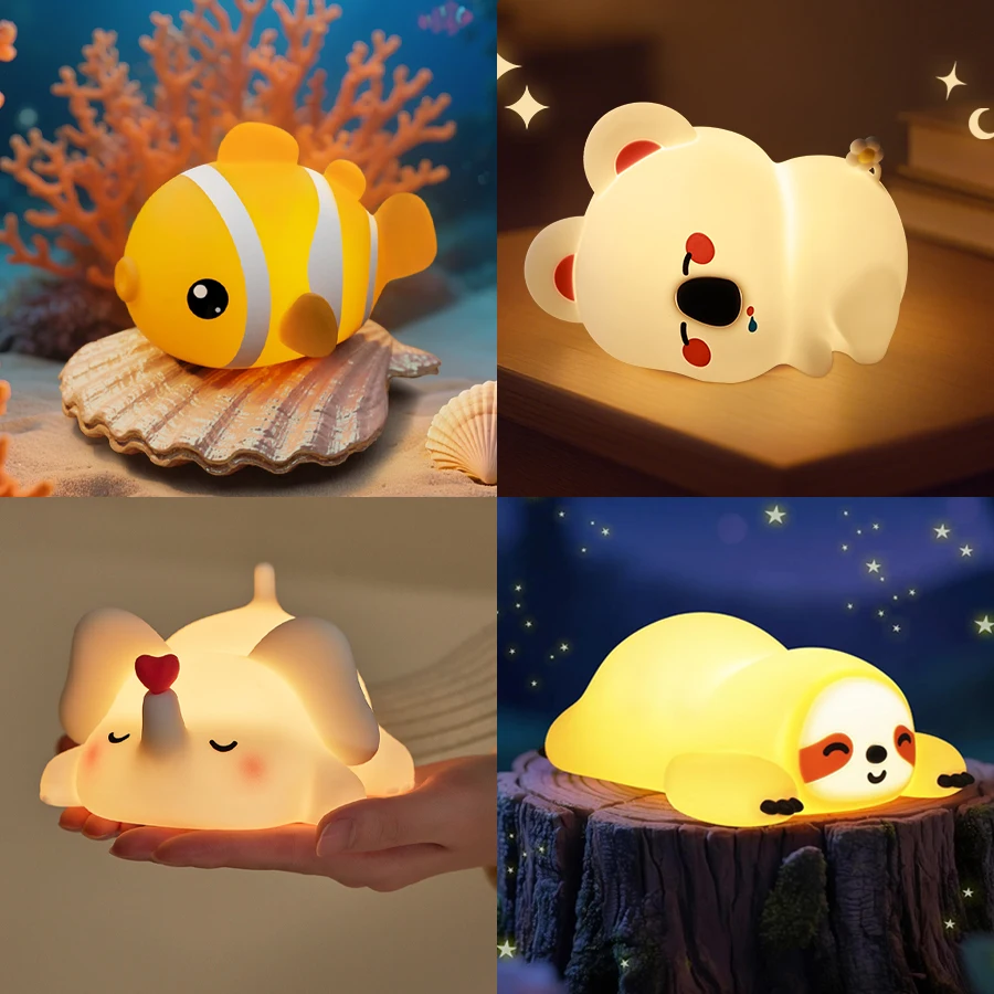 Niedliches Tier-LED-Nachtlicht, Schlafzimmer-Nachttischlampe für Kinderzimmer, Kleinkind, Kinder, Spielzeug, Geburtstagsgeschenke, Silikon, wiederaufladbar, tragbar