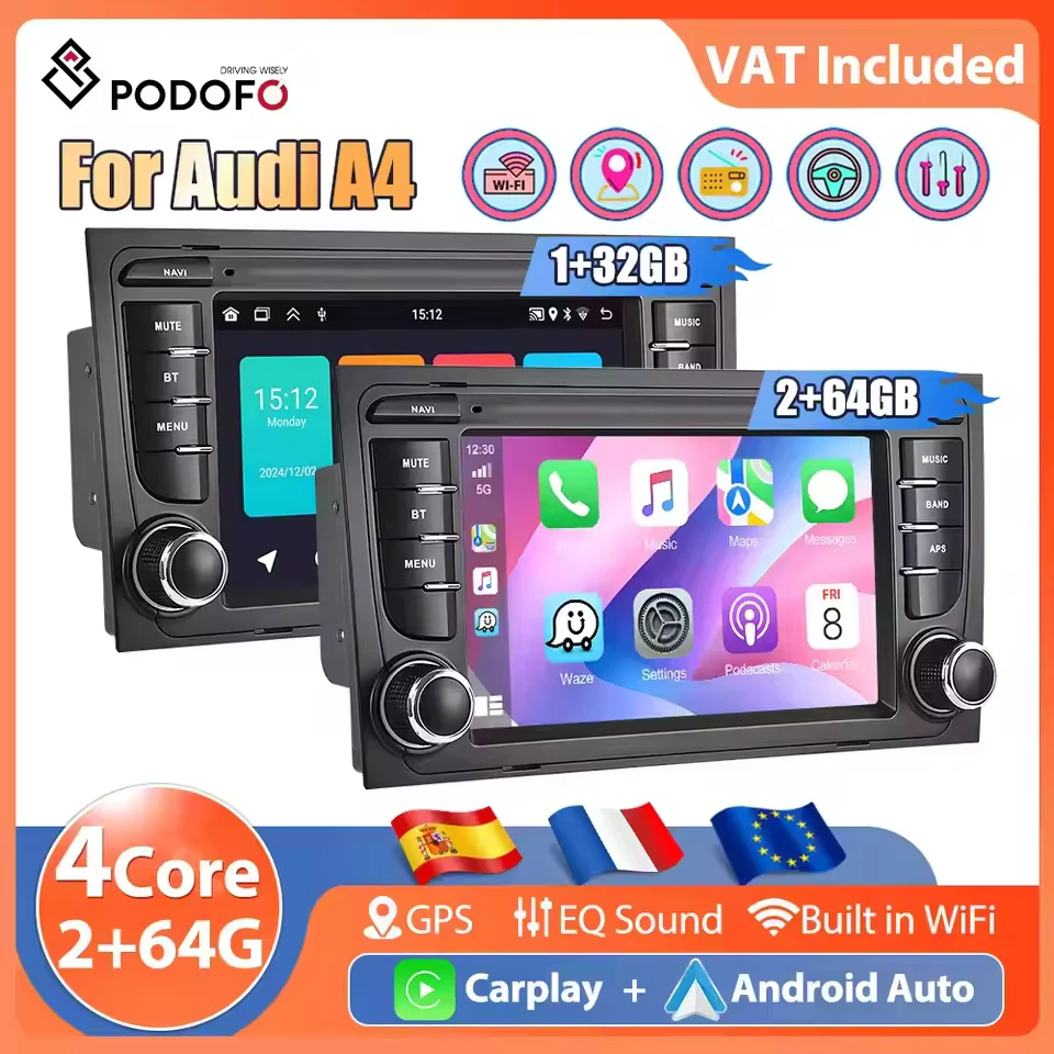 Podofo 7'' 2Din Carplay Auto Radio Für Audi A4 B6 S4 RS4 Sitz Exeo Multimedia Player Android Auto GPS RDS EQ WIFI 4Core Auto Audio Image