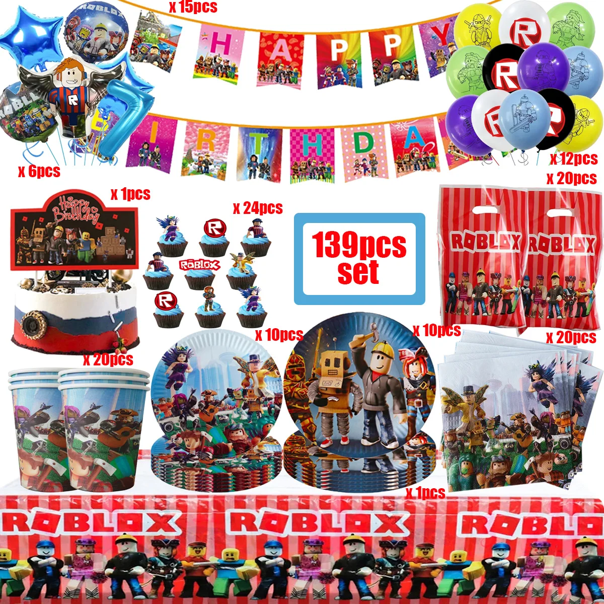 139PCS Roblox Geburtstag Dekoration Party Kit Einweg Geschirr Set Roblox Spiel Tischdecke Ballon Geschenk Tasche Kinder Party Liefert Image