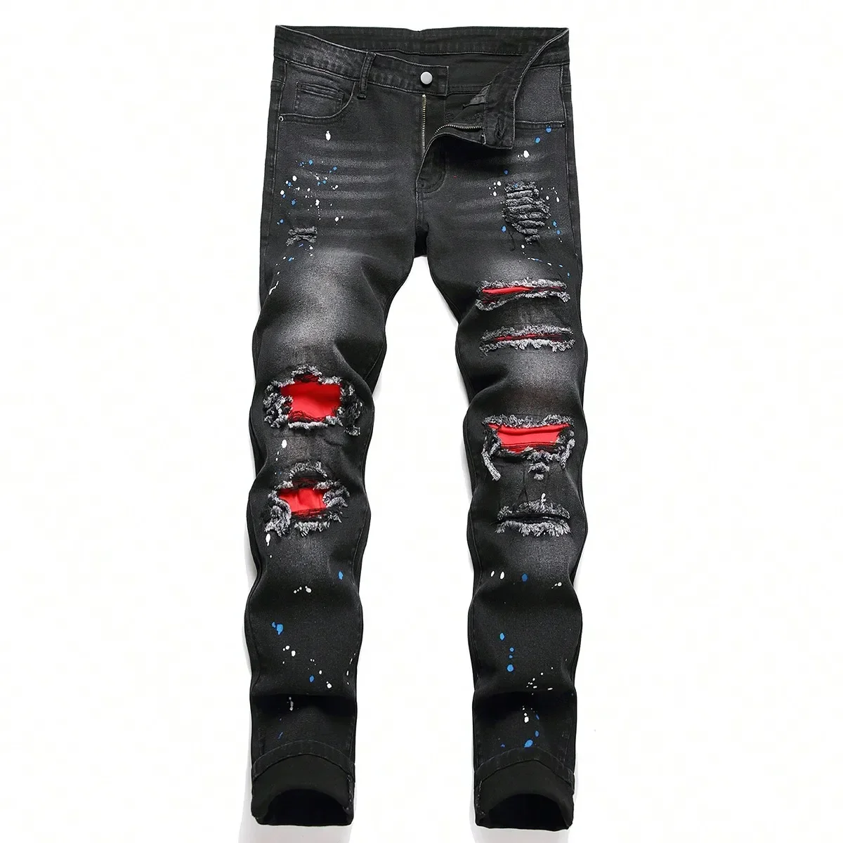 Männer y2k Stretchy Skinny Denim Jeans Für Männer Casual Hosen Zerrissene Patchwork Loch Slim Fit Denim Hip Hop Schwarz Gerade Hosen