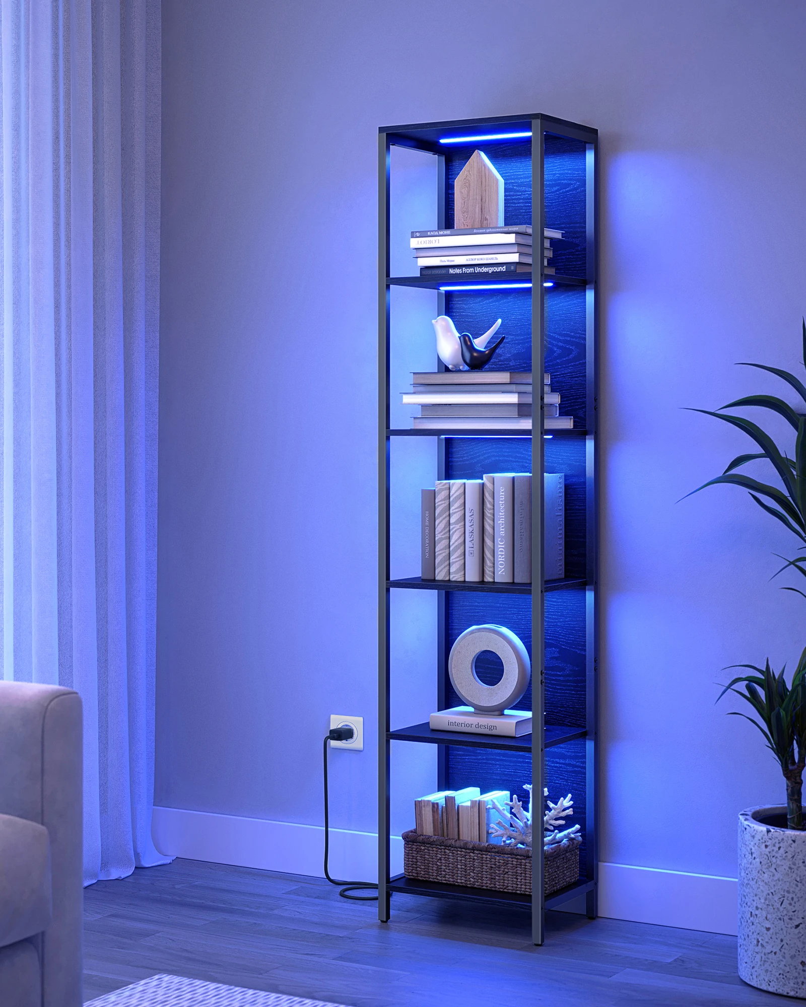 VASAGLE Bücherregal mit 6 Ebenen, Standregal mit Einstellbarer LED-Beleuchtung, Regal mit Stahlrahmen, 30,3 x 40 x 178,6 cm Image