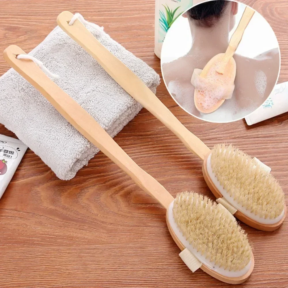 Rückenschrubber-Duschbürste mit Naturborsten und abnehmbarem langen Holzgriff, trockene Haut, Peeling-Körpermassage-Badebürsten Image