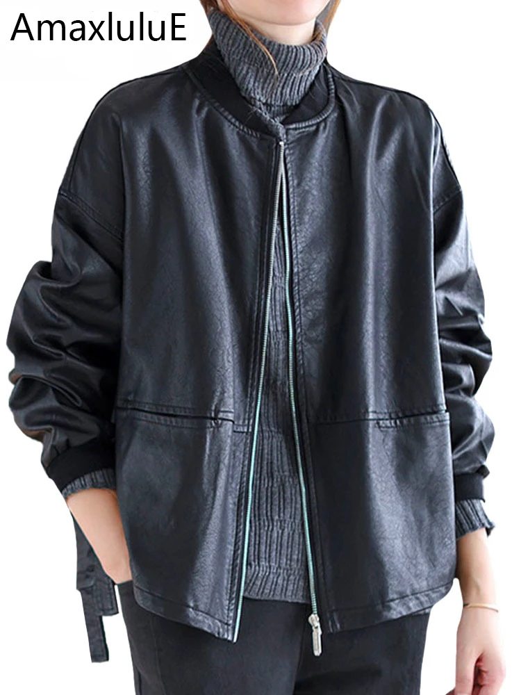 Amax luluE 2024 Herbst Mode Biker Kleidung Frauen Lose Vintage Faux Leder Jacken Luxus Punk Pu Mäntel Schwarz Große Oberbekleidung