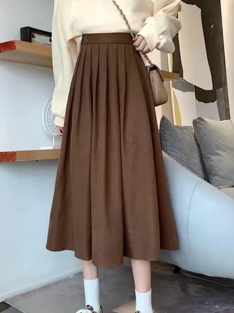 Falten röcke Frauen Vintage braun hohe Taille koreanische Mode College Gothic langen Rock Damen Herbst lässig eine Linie y2k Rock