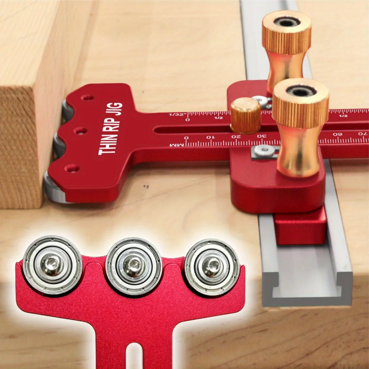 Thin Rip Tischkreissägenvorrichtung – 3 Riemenscheiben, Thin Rip Jig, Tischkreissägenführung, passend für 19 # und 30 # T-Nut und für 3/8 Zoll x 3/4 Zoll U-Nut Image