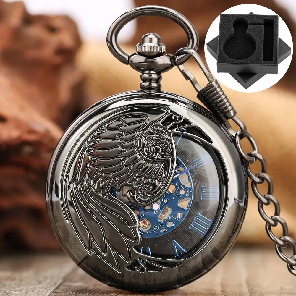 Mechanische Herren-Taschenuhr mit Handaufzug, Schwarz/Bronze/Silber, halber Hunter, Phoenix-Muster, Anhänger, Kettenanhänger, Zeitmesser, Geschenk