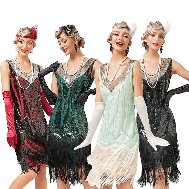 Damen langen Rock Sommer 1920s Gatsby Vintage große Gatsby Party Flapper Kleid ärmellose Pailletten Quaste Fransen Cocktail kleid