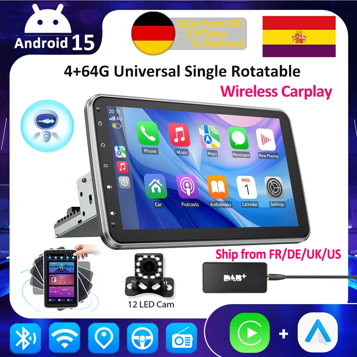ESSGOO Android 15 10,1 Zoll Universelles Drehbares Autoradio Carplay Multimedia-Player GPS-Navigation Auto-Stereoanlage Bluetooth Image