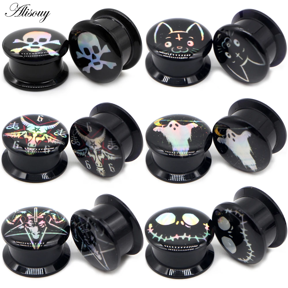 Alisouy 2er-Set schwarze Acryl-Schraub-Ohrstreckern, Punk-Ohrplugs, doppelt ausgestellte Ohrdehner, Ohr-Tunnel, Piercing-Körperschmuck Image