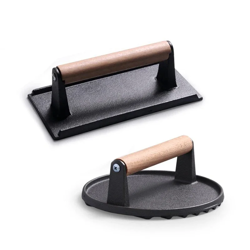 Gusseisen-Steak-Burgerpresse, rund, rechteckig, unbeschichtet, robuste Fleischpresse mit Griff für Outdoor-Grill, Lebensmittel-Kochwerkzeuge Image