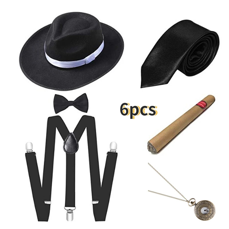 1920S Mens Great Gatsby Zubehör Set Roaring 20s 30s Retro Gangster Kostüm krawatte hut Image