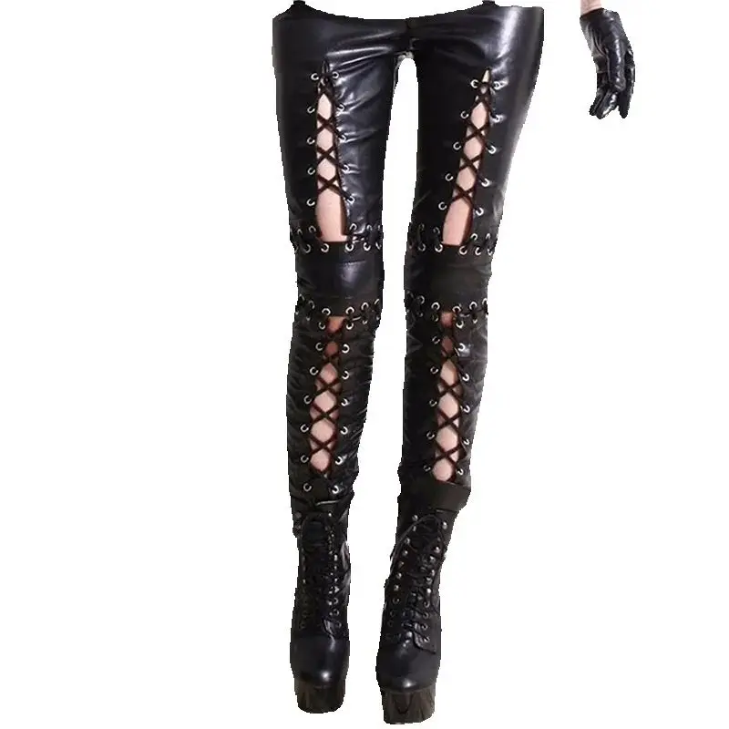 Frauen Leder Lace Up Leggings Gothic Lange Hosen Lace Up Front Hosen Legins Punk Rock Leggings Kunstleder Hosen Image