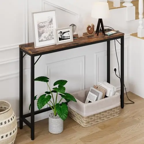 Schmaler Konsolentisch mit Steckdose und USB-Anschluss – 100 x 23 x 80 cm – kleiner Beistelltisch – Couchtisch – Vintage-Braun – Grau – für Flur, Foyer