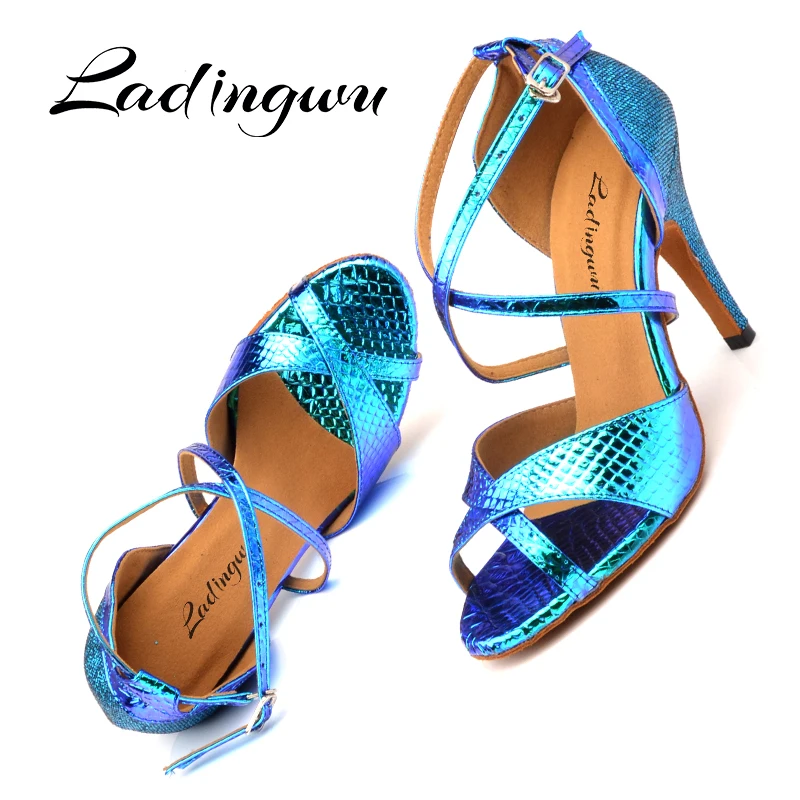 Ladingwu Latin Dance Schuhe Frauen Ballroom Dance Schuhe Für Frauen Laser PU und Glitter Blau Gold Silber Dance Heels Sandalen frauen