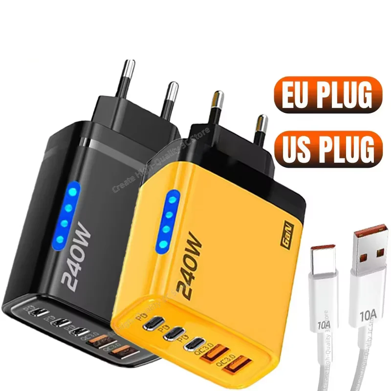 240 W QC3.0 PD 5 Ports GaN Schnellladegerät EU/US-Stecker Telefon-Ladekopf-Adapter mit LED-Licht für iPhone Samsung Xiaomi Image