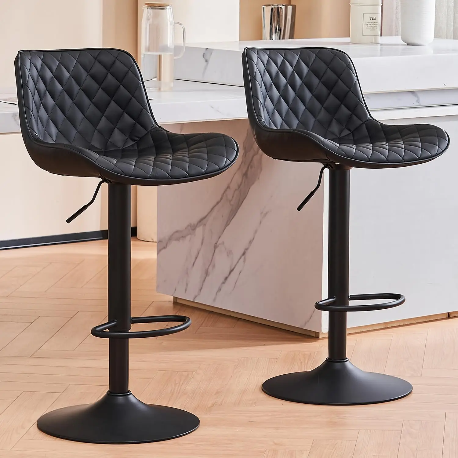 Moderner 2-teiliger Barhocker, hoher, höhenverstellbarer, drehbarer Barhocker mit gepolsterter Lederlehne für Bar, Kücheninsel, Theke, weiß/schwarz/hellgrau